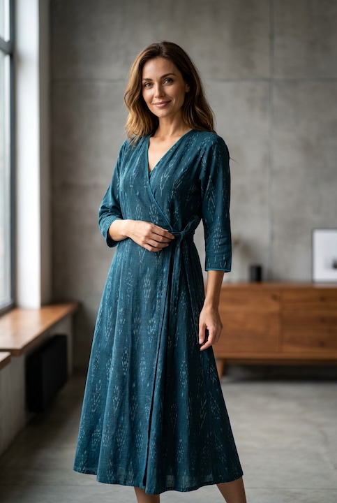 Rochie petrecuta din bumbac Ikat, turcoaz inchis, marime XL