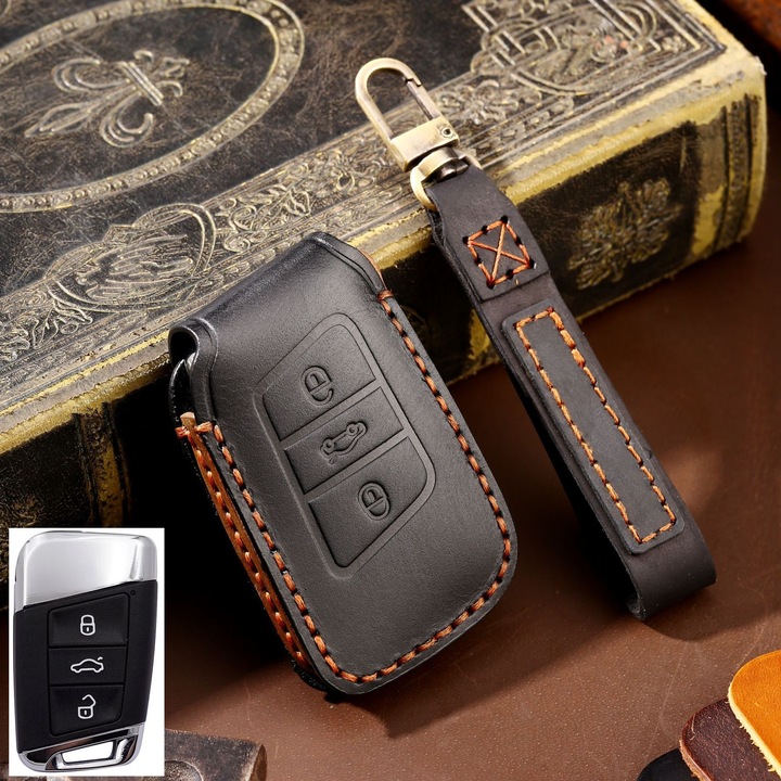Husa protectie cheie auto din piele Premium Negru compatibil VOLKSWAGEN PASSAT- SKODA SUPERB 2015-2020 SKODA KODIAQ 2016-2020 cu 3 Butoane smart remote auto key Nabi Market ®