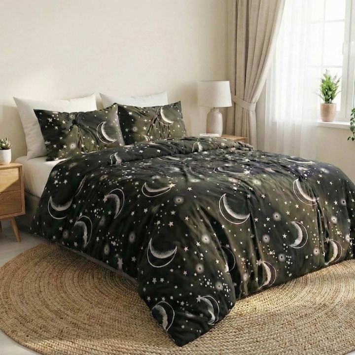 Lenjerie de pat dublu, Lenjerii Deosebite, Luna si stelute, finet, 6 piese, 180x200cm