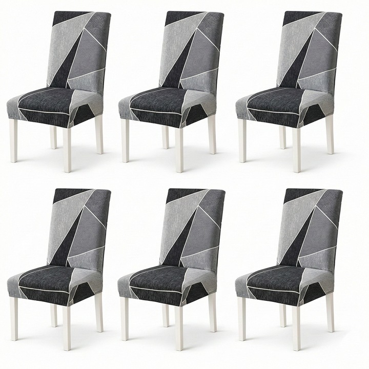 Set 6 Huse Scaun Universale, Elastan Premium, Negru-Gri, Dimensiuni 35-45x45-55cm