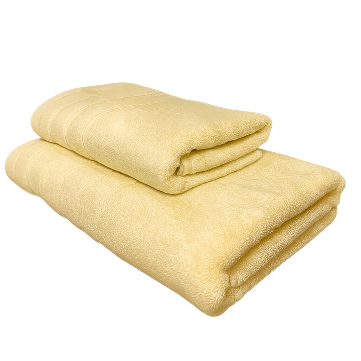 Set 2 prosoape de baie Luxury, 100% bumbac, TextiLici, 70 x 140 cm si 50 x 90 cm - ideal corp, fata, maini, par, galben