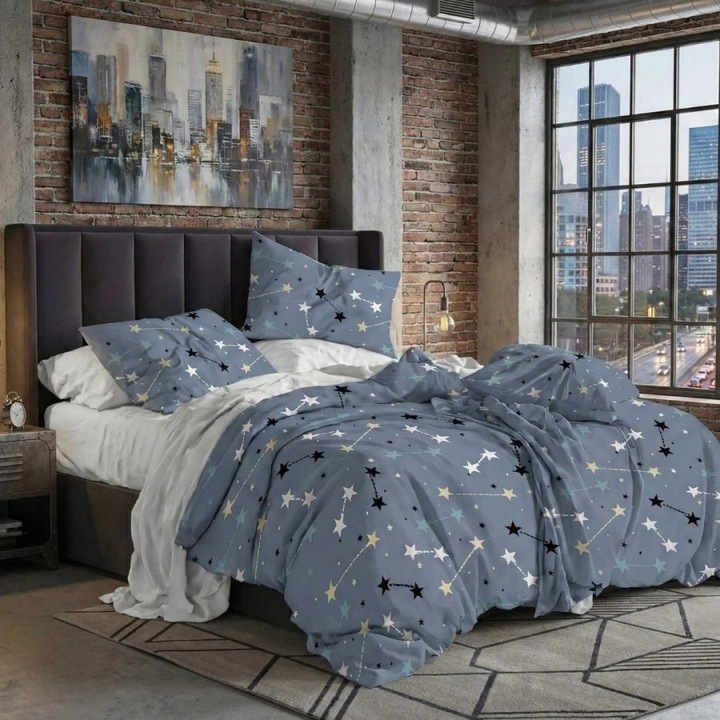 Lenjerie pat dublu din finet, cearceaf pat cu elastic 180x200 cm, 6 piese, Lenjerii Deosebite, Gri cu stelute