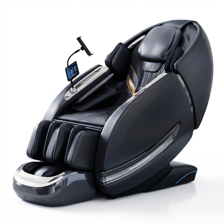Fotoliu Masaj, TOPSCAUNE® LUXOR L183 PRO, Scaun Masaj Profesional, Control Vocal AI, Incalzire Lombara si Pulpe, Zero Gravity SL-Track Shiatsu, Bluetooth, Ecran Tactil, Joystick si Suport Telefon, Moduri Automate, Suport Picioare Extensibil, Negru