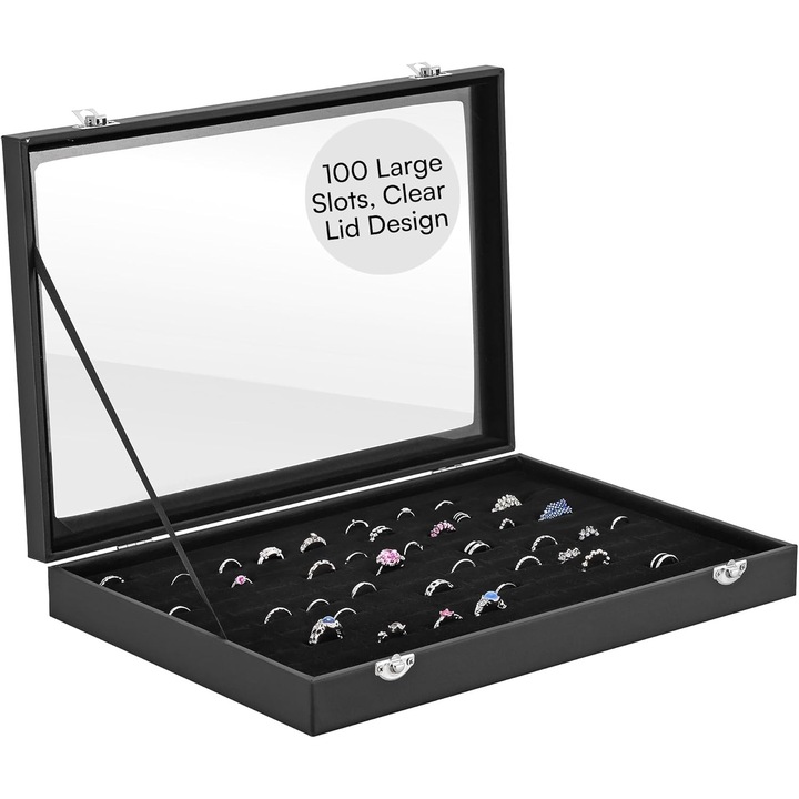Cutie pentru bijuterii H&S, 35 x 24 x 4.5 cm, organizator pentru inele si cercei, piele ecologica, capac transparent, negru