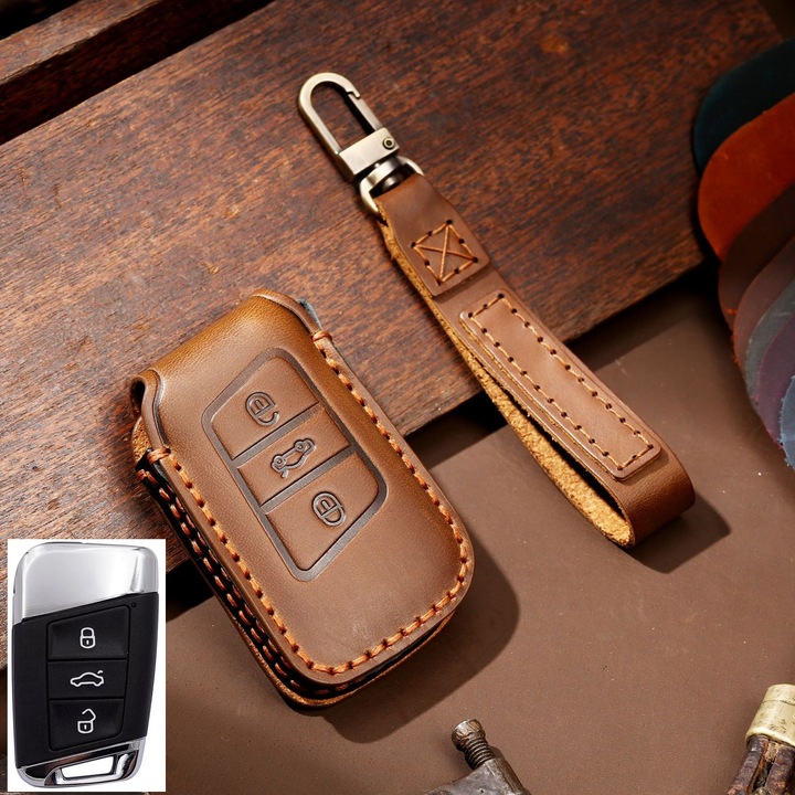 Husă protecție cheie auto din piele, Nabi Market, 3 butoane, maro, compatibilitate extinsă