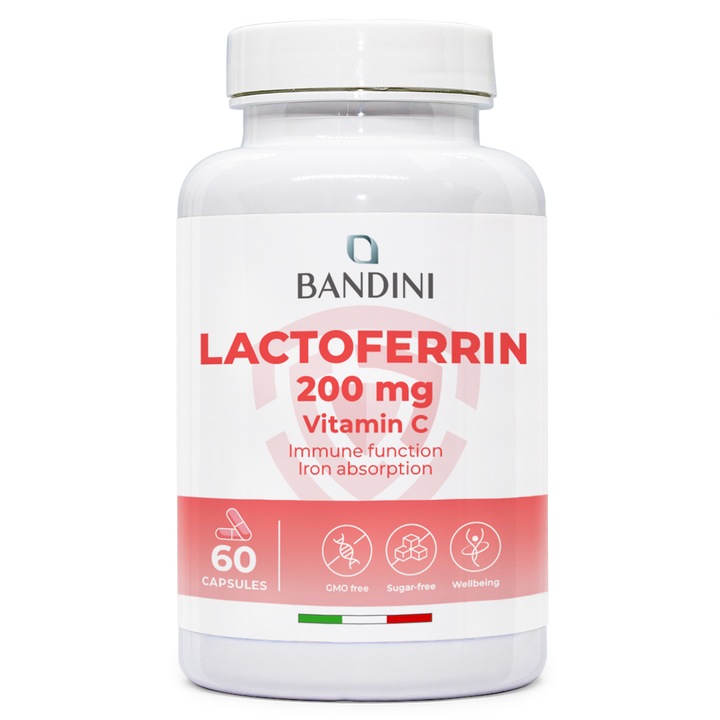 Bandini® Lactoferina 60 Capsule - 200 mg Lactoferina + 60 mg Vitamina C per doza zilnica (1 capsula) - Imbunatateste absorbtia fierului si functia sistemului imunitar - O componenta a colostrului - Vegetarian, fara OMG