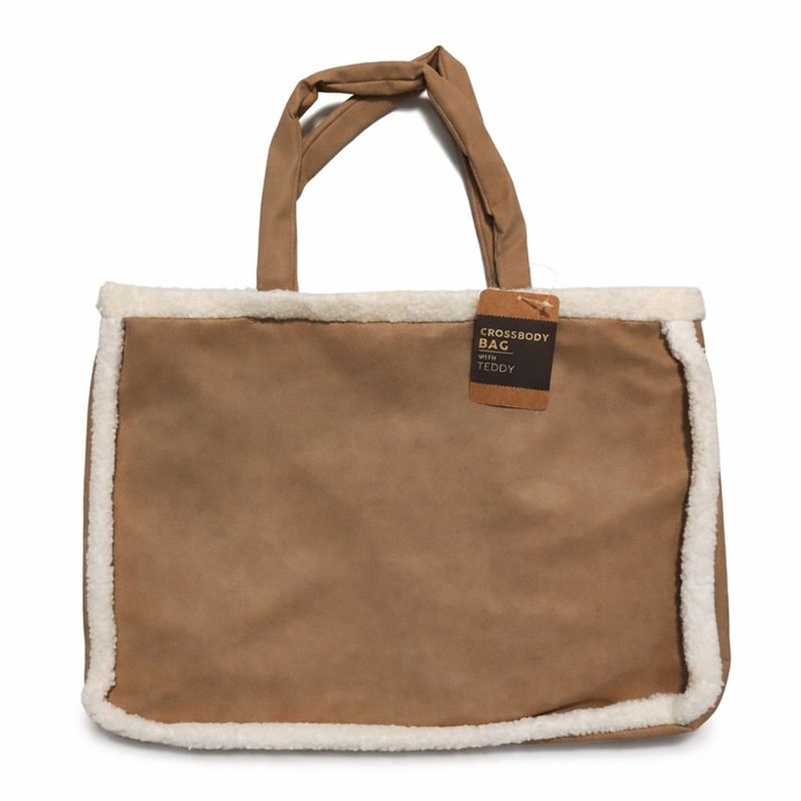 Geantă dama Teddy bej, interior teddy, manere textile, dimensiune mare