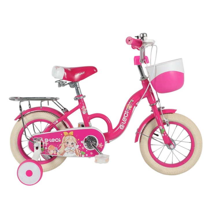 Детски велосипед за момичета с предна кошница, багажник и помощни колела, калници, препоръчителна възраст 4-6 години, 16 инчови колела, цвят циклама