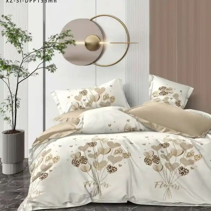 Dupla finet ágynemű, gumis lepedő 180x200 cm, 6 részes, Különleges Ágyneműk, Bézs szívecskék