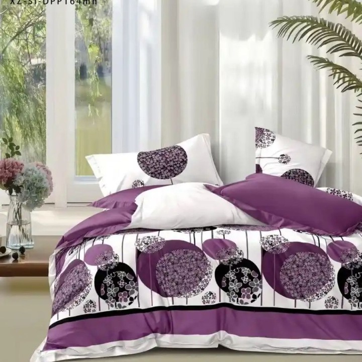 Finet dupla ágyneműhuzat, 180x200 cm-es gumis lepedő, 6 részes, Különleges ágyneműk, Lila körök