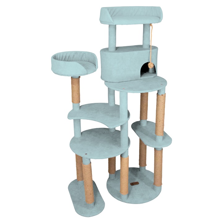 Ansamblu joaca Pisici, Albastru Deschis, 165 cm Inaltime, Lucrat Manual, 6 Niveluri, Culcus cu Burete