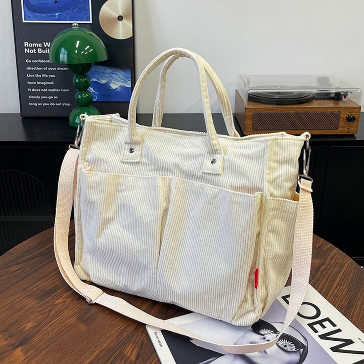Geanta Tote Dama Retro Corduroy, Geanta dama cu bandoliera, Multi-buzunar, Capacitate Mare si Rezistenta, Gentusa Umeri, Adecvat pentru calatorii zilnice, calatorii si cadouri de sarbatori