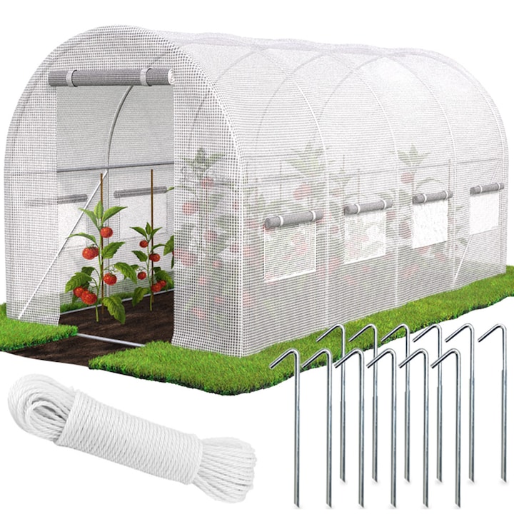 Tunel solar sera de gradina John Green profesional, 2.5x4x2m, suprafata 10mp, folie PE 140g/mp armata si anti-UV, structura otel zincat 18mm, multi-sezon, cu 8 ferestre ventilatie si plasa insecte, protectie plante, alb