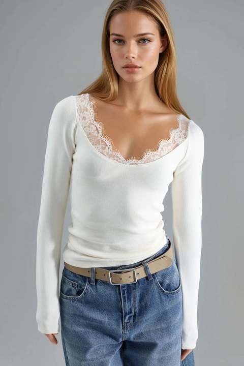 Bluza, Busem, Alb, Jerseu, Decolteu in V