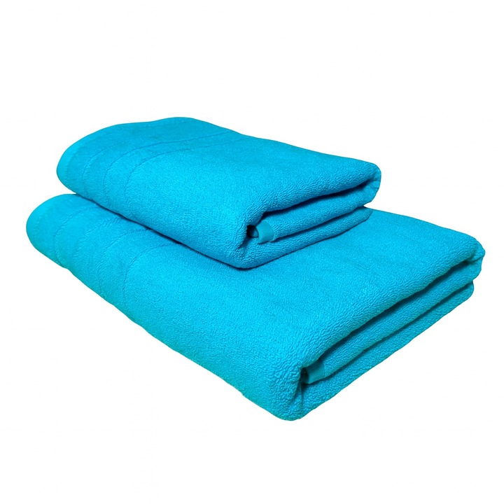 Set 2 prosoape de baie Luxury, 100% bumbac, TextiLici, 70 x 140 cm si 50 x 90 cm - ideal corp, fata, maini, par, turcoaz