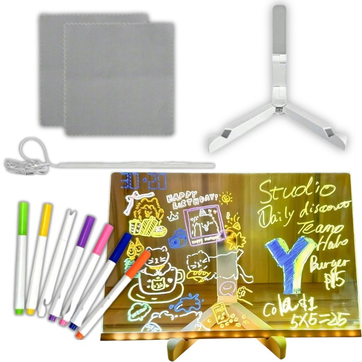 Tabla LED creativa cu suport si 7 stilouri multicolore, 20x30cm
