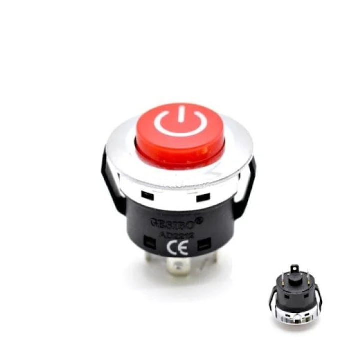 Buton cu retinere si LED de semnalizare, 22x32mm, 220V - 20A, pentru automatizari si aplicatii electrice industriale