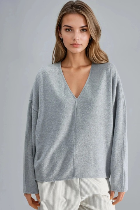 Bluza, Busem, Gri deschis, Jerseu, Decolteu in V