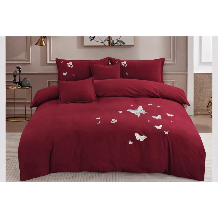 Set Lenjerie de Pat Premium, Bordo, 180x 200, Bumbac cu Broderie Fluturi, Cearsaf cu Elastic, 6 piese, Elegant & Lux