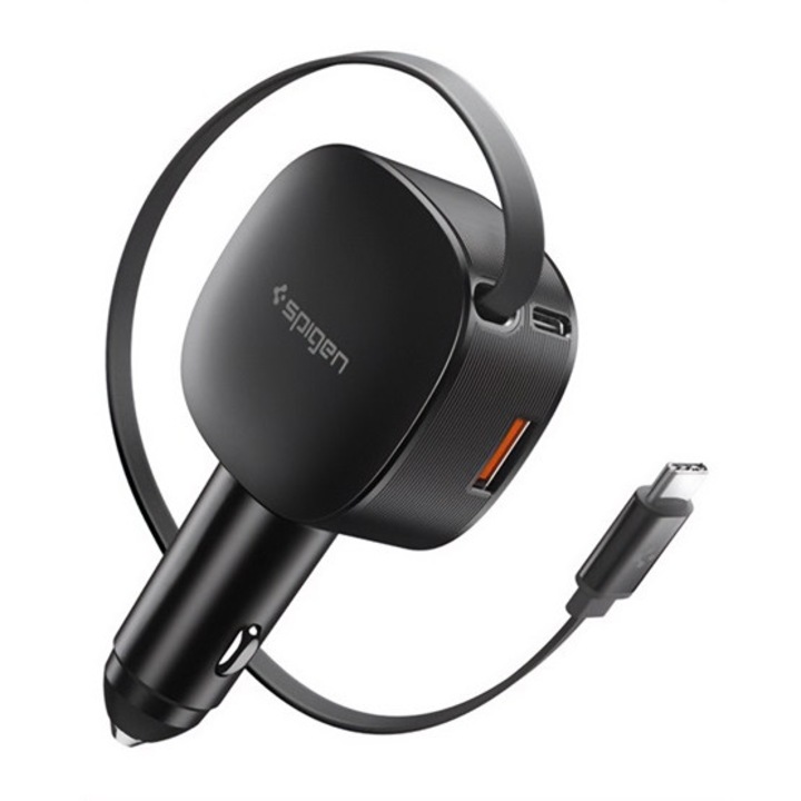Spigen essential ev603bt autós töltő usb+type-c aljzat, 60w, gyorstöltő + fix type-c kábel, fekete
