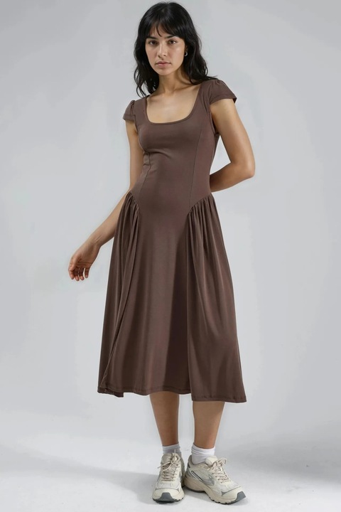 Rochie midi Busem cu guler solid, Maro