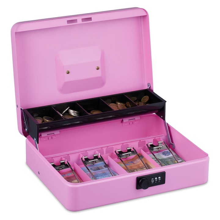 Caseta bani pentru monede si bancnote, Relaxdays, 8.5 x 30.5 x 24.5 cm, roz