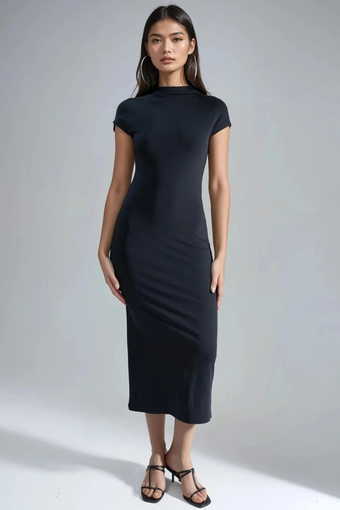 Rochie Midi Busem Slim Fit, Guler Rotund, Negru, Jerseu