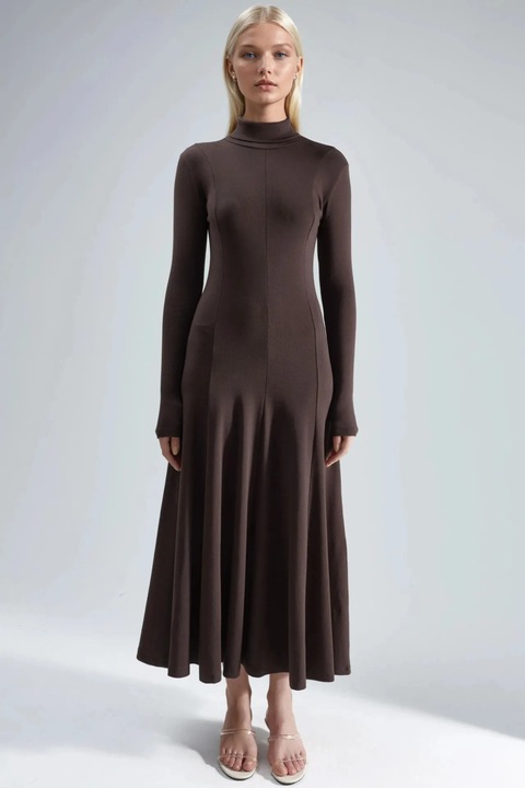 Rochie Midi Busem A-Line cu Maneca Lunga, Maro Cafea, Jerseu