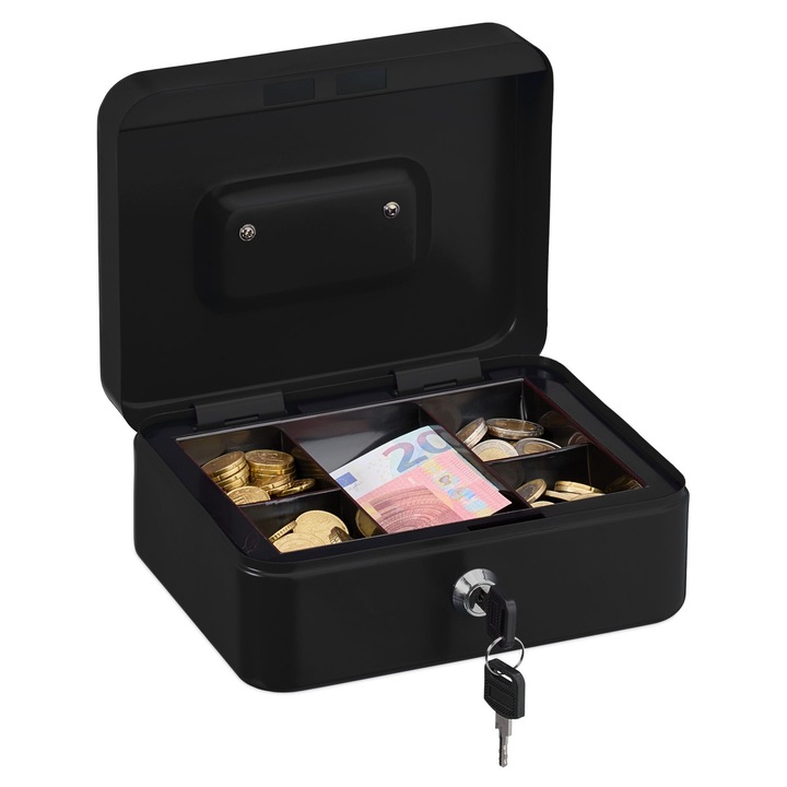 Caseta bani pentru monede si bancnote, Relaxdays, 8.5 x 20 x 17 cm, negru