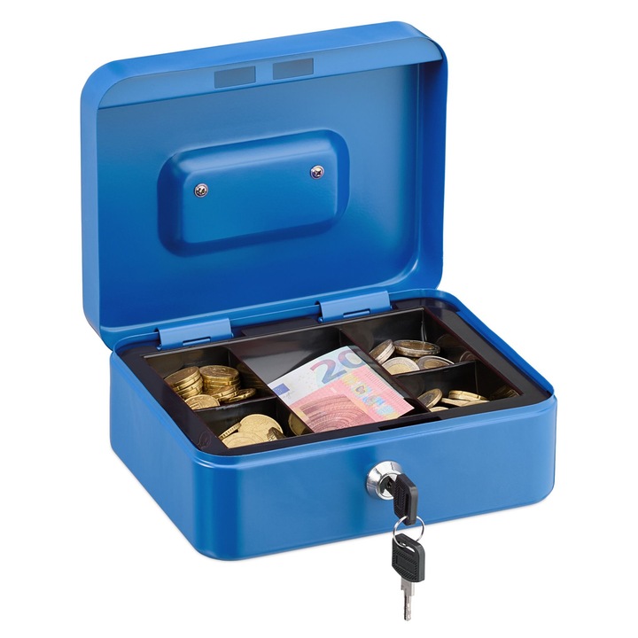 Caseta bani pentru monede si bancnote, Relaxdays, 8.5 x 20 x 17 cm, albastru