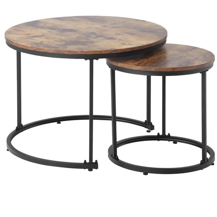 Комплект кръгли масички за кафе, 2 броя, вграден дизайн, MDF метал, кафяв