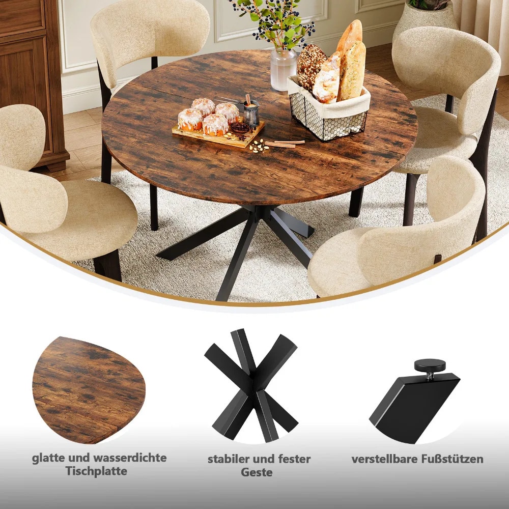 Masa rotunda, stil industrial, Ø120 cm, picioare X-Format, maro