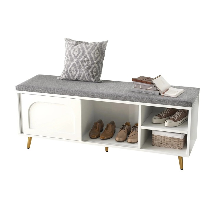 Cipőtároló pad, ülőrésszel és párnával, tárolópolcokkal, 121 cm, fehér