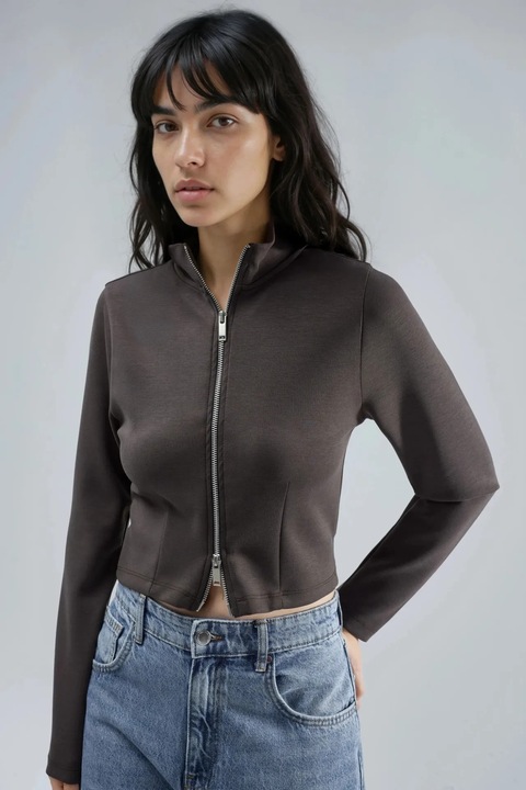 Hanorac dama Busem, jerseu, cu fermoar, maro