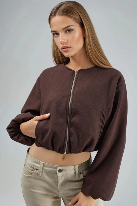 Hanorac dama Busem, scurt, cu buzunare, maro, textil