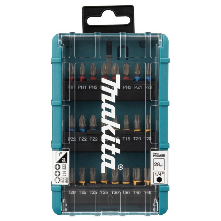 Set 28 accesorii pentru surubelnite Makita Impact Premier, bitle 25mm, capete magnetice, cutie plastic