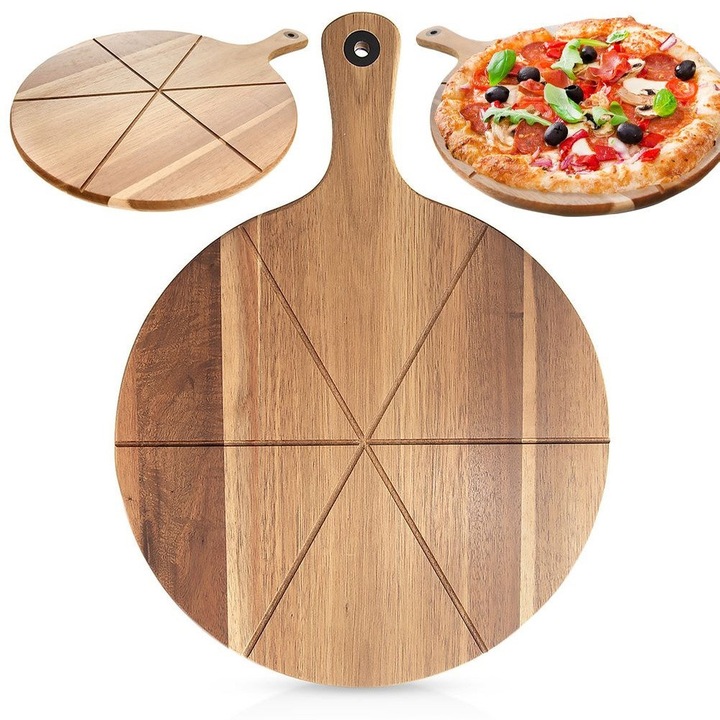 Tavita de servire si taiere pizza Artemis, din lemn de acacia, 43,5x32x1,5cm, cu manere, doua fete