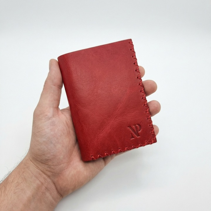 Portofel barbati vertical Natty Pell, piele naturala rosu burgundy, cusatura in X, 6 carduri, compartiment CI si permis