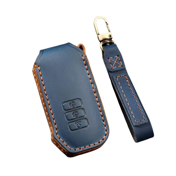 Husa cheie piele naturala AUTOTOB®, compatibila cu Kia, 7 butoane, albastru