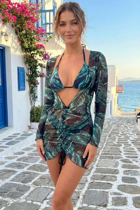 Set Costum de Baie 3 Piese: Sutien, Slip si Rochie de Plaja Tropical Green 8211 13859, Verde