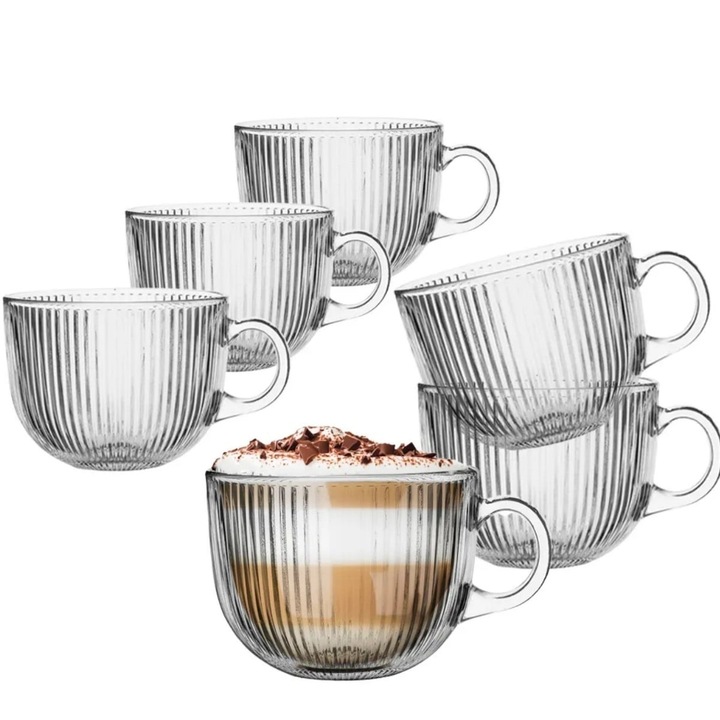 Set de 6 cani cu maner pentru cafea latte 510 ml, cu caneluri, Altom Design Selen