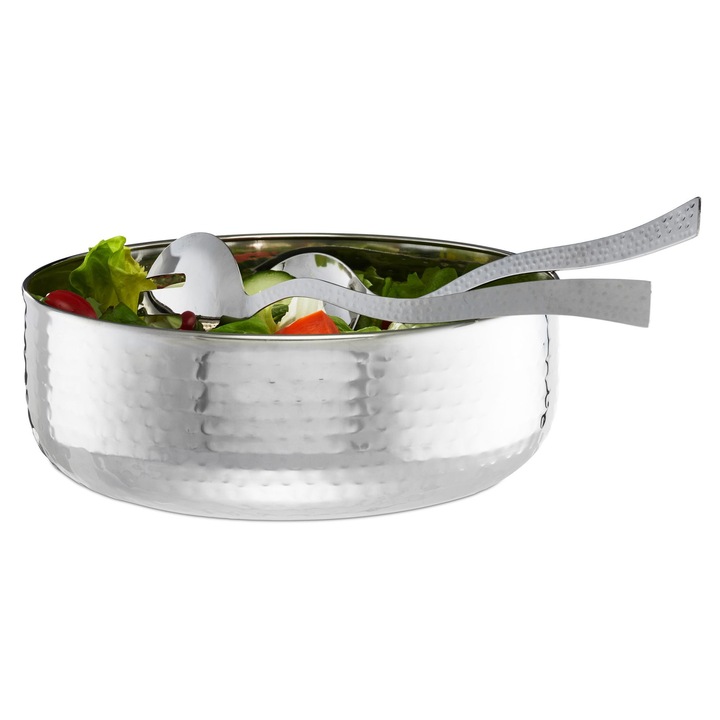 Bol pentru salată Relaxdays, 4.5 l, diametru 28 cm, cu 2 ustensile pentru servire, metal ciocănit