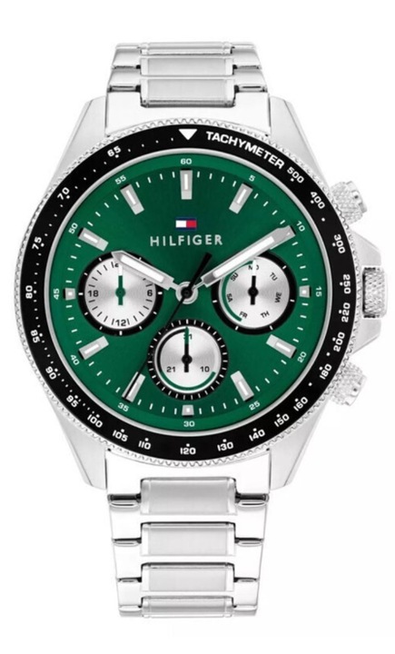 Ceas barbati Tommy Hilfiger 1792211 Clark, Multifunction Quartz, 44 mm, otel inoxidabil, bratara metalica argintie, cadran verde, tachymeter, 5 ATM