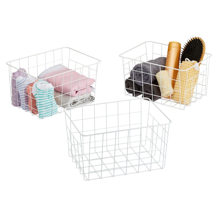 Relaxdays 3 tárolókosár készlet, 28 x 20 x 15,5 cm, fém, fehér