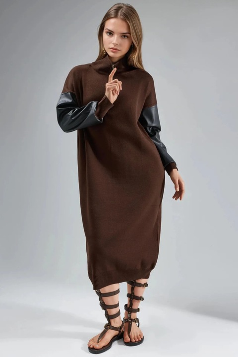 Rochii, MyFashion, tricotata lunga, detalii din imitatie de piele, maro cafea, tricot, One Size INTL