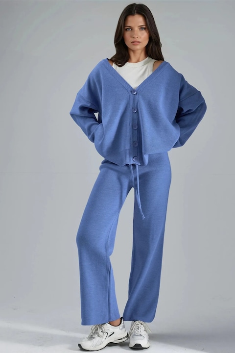 Set tricotat MyFashion, cardigan cu decolteu in V, pantaloni cu picior larg, albastru, tricot, One Size INTL