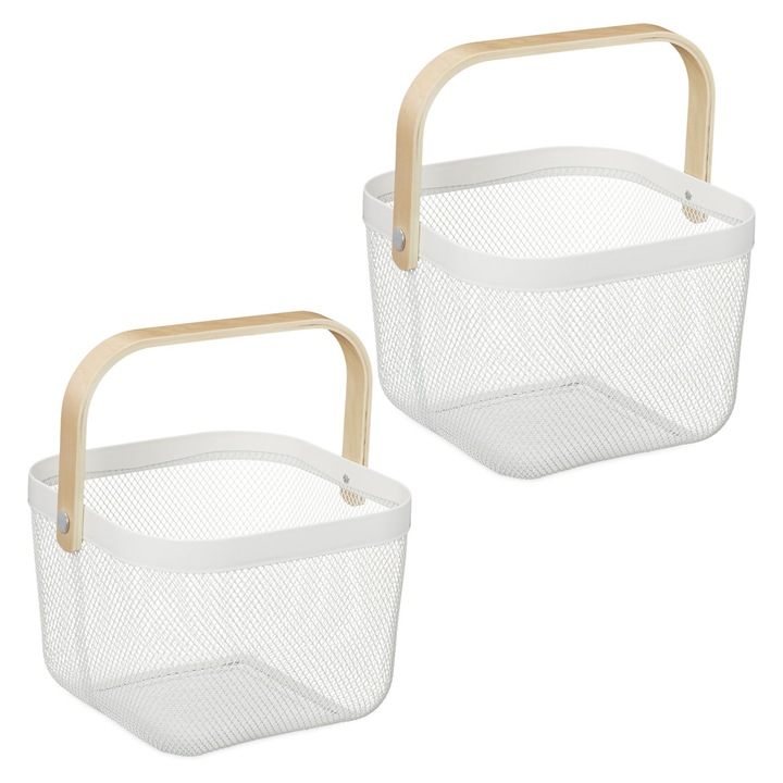 Set 2 cosuri pentru depozitare Relaxdays, Cu maner, 26 x 24.5 x 17.5 cm, Metal, Alb