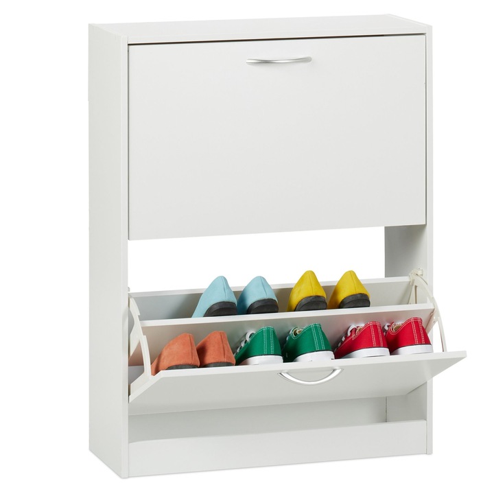 Pantofar Relaxdays, cu 2 sertare, alb, 80 x 60 x 24 cm, din MDF, pentru 10 perechi