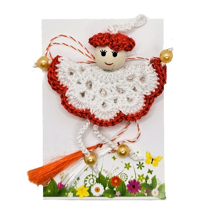 Martisor crosetat - fetita cu palarie si rochita alb cu rosu intens, 7cm
