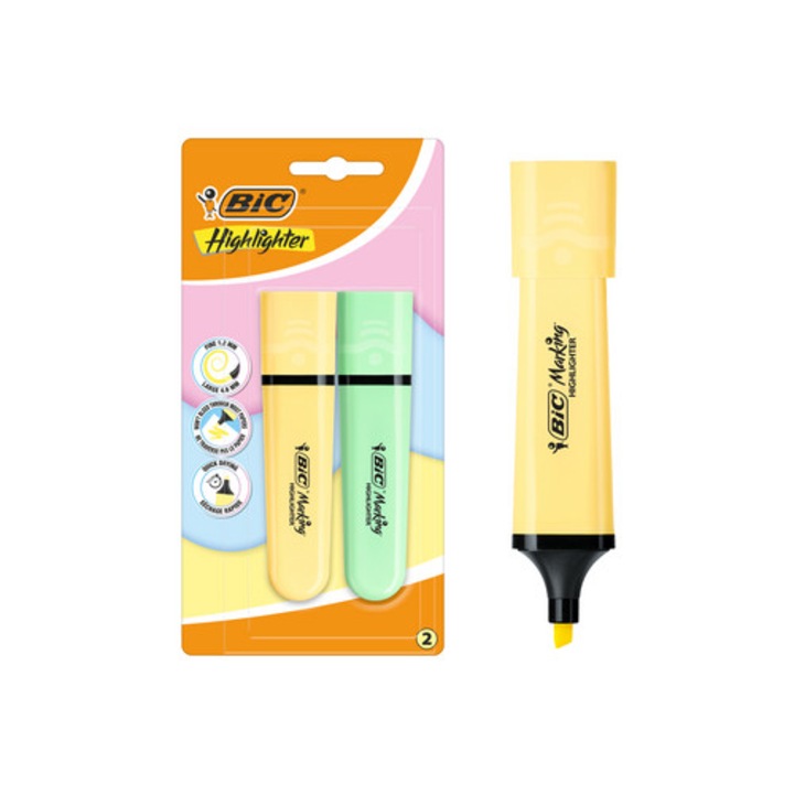 Маркер BIC Flat, комплект 2 броя, пастелен, жълт и зелен